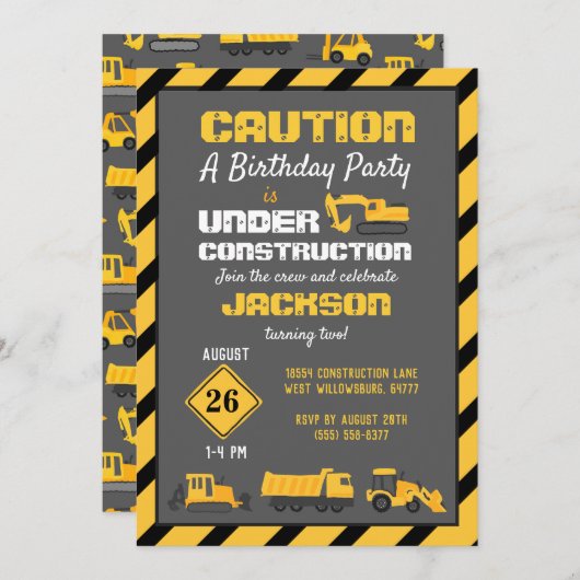 Invitation En construction fête d'anniversaire Gris (Devant / Derrière)