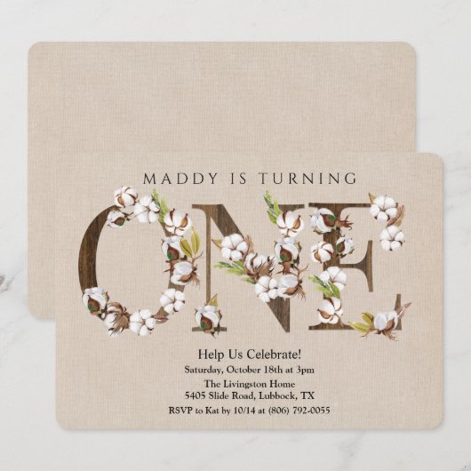 Invitation en coton avec alphabet pour premier ann (Devant / Derrière)