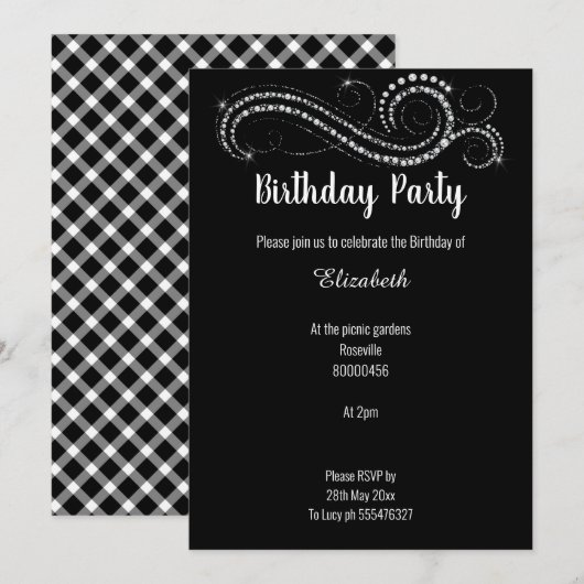 INVITATION EN DIAMANT NOIR CLASSIQUE ÉLÉGANT (Devant / Derrière)