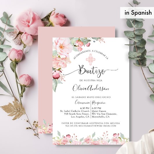 Invitation En Espagnol, Baptême Élégant Bleu Rose Floral