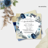 Invitation En espagnol, Bleu Chic et Or, Quinceañera Floral