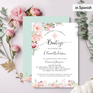 Invitation En espagnol Chic Baptism Rose Gold, Mint Floral