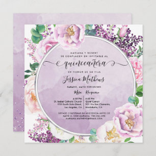 Invitation En Espagnol, Élégante Quinceanera Florale Violette