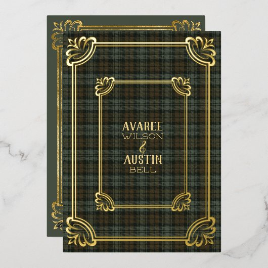 Invitation en feuille d'or avec tartan vieilli Bla (Recto/Verso)