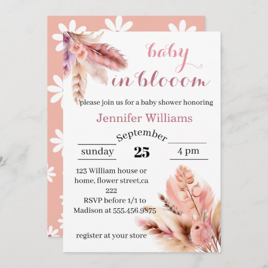 Invitation en fleur pampas herbe bébé douche (Devant / Derrière)