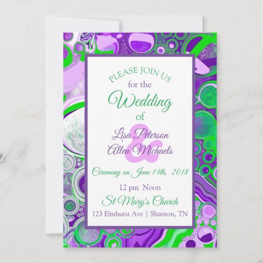 Invitation en fluid art marbré violet et vert (Devant)