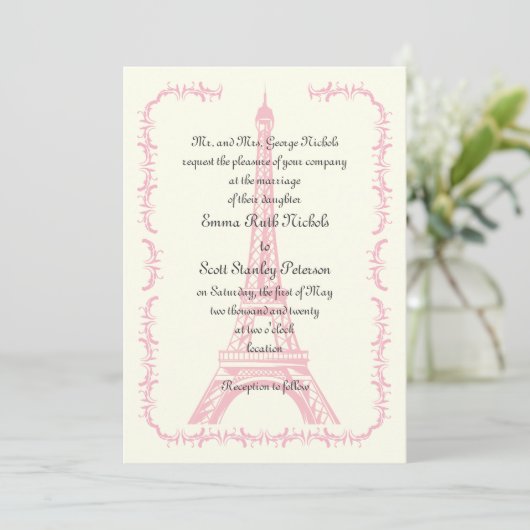 Invitation en ivoire Tour Eiffel mariage Paris ros (Debout devant)