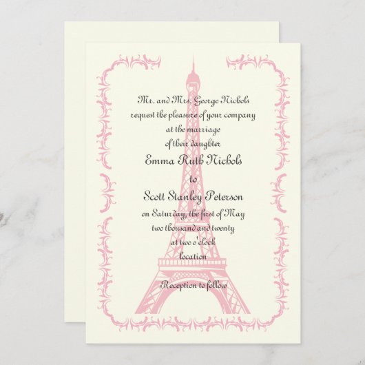 Invitation en ivoire Tour Eiffel mariage Paris ros (Devant / Derrière)