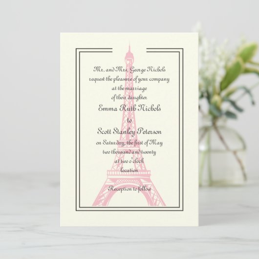 Invitation en ivoire Tour Eiffel mariage Paris ros (Debout devant)