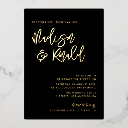 invitation en papier mariage noir et or (Recto)