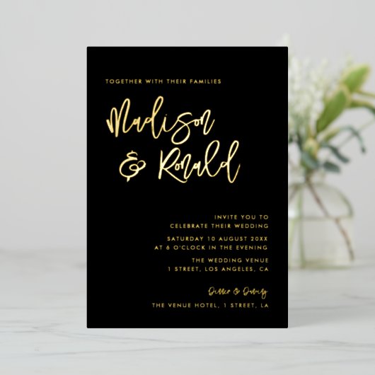 invitation en papier mariage noir et or (Debout devant)