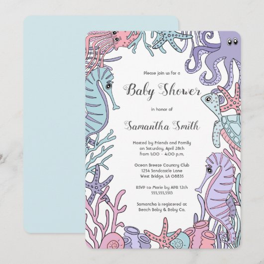 Invitation en pastel de baby shower de vie marine (Devant / Derrière)