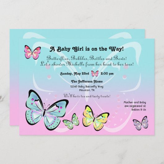 Invitation en pastel douce de papillon (Devant / Derrière)