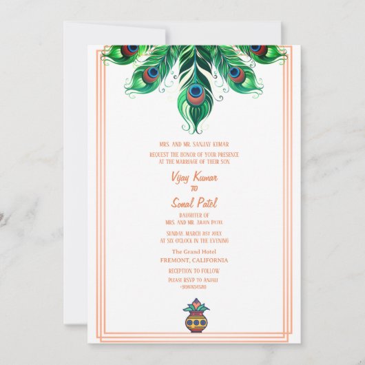 Invitation en plume du Mariage hindou indien Peaco (Devant)