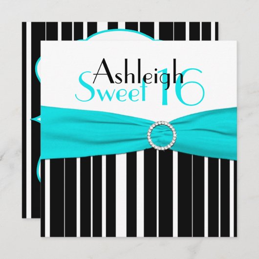 Invitation en Sweet sixteen noir, Aqua, Blanc (Devant / Derrière)