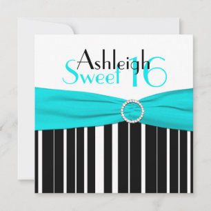 Invitation en Sweet sixteen noir, Aqua, Blanc