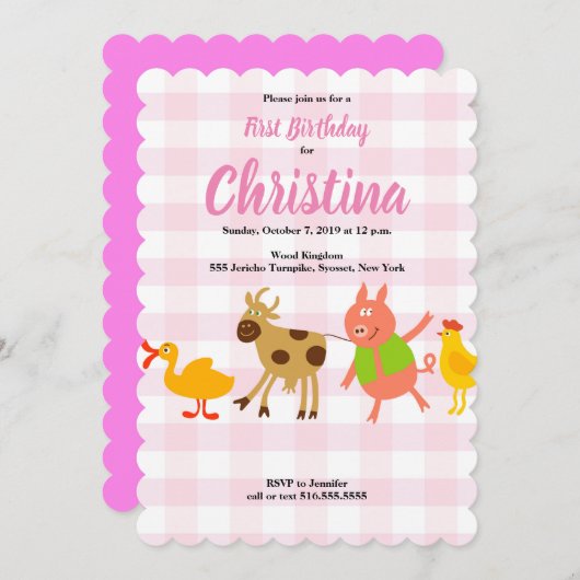 Invitation en vichy Animaux de ferme Baby First Birthday Invi (Devant / Derrière)
