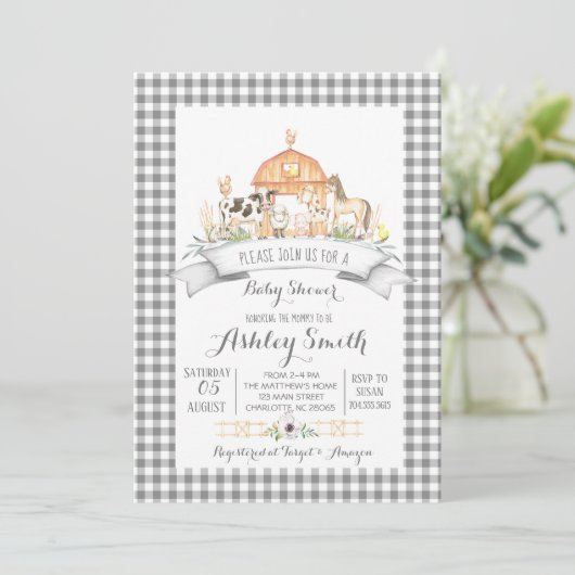 Invitation en vichy baby shower agricole (Debout devant)