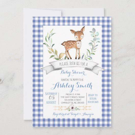Invitation en vichy baby shower de cerfs de bois (Devant)