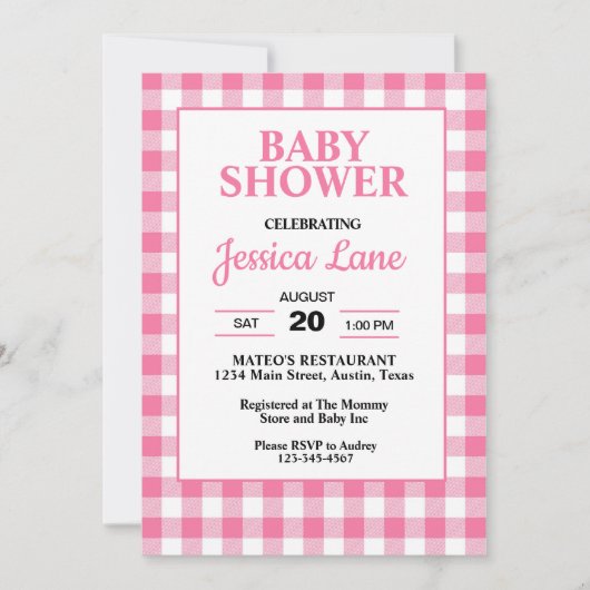 Invitation En vichy Baby shower rose (Devant)