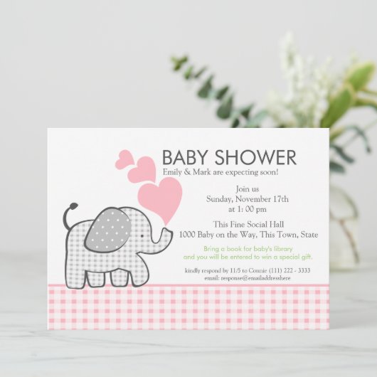 Invitation en vichy Baby shower rose éléphant (Debout devant)