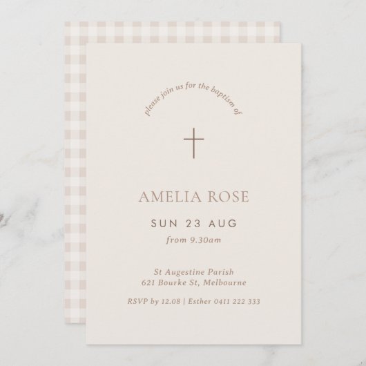 Invitation En vichy Baptême minimaliste Christening Cross Inv (Devant / Derrière)