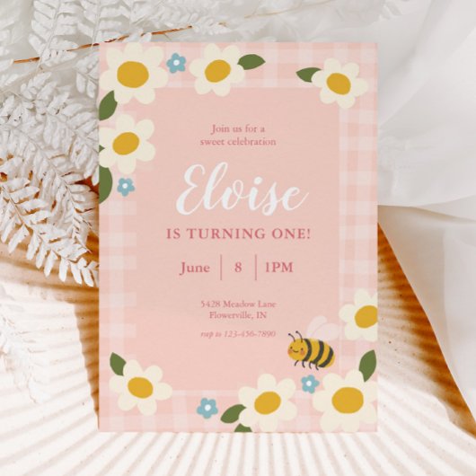 Invitation en vichy Bee & Daisies Anniversaire
