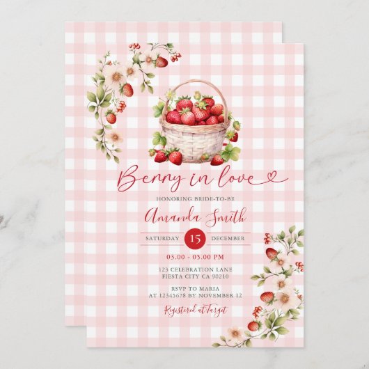 Invitation en vichy Berry en amour Fête des mariées fraise (Devant / Derrière)