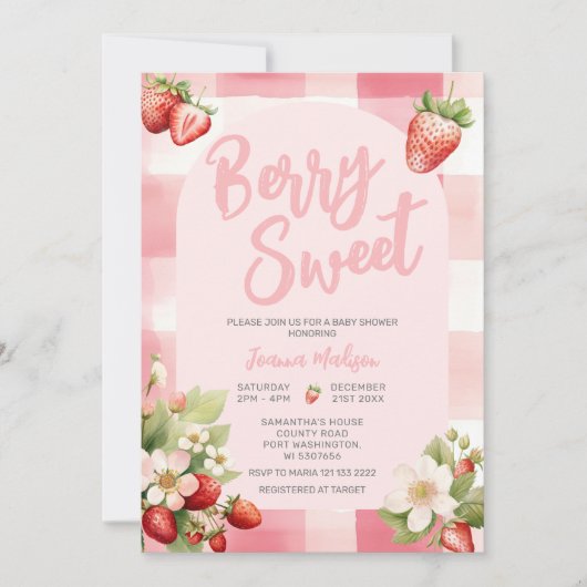 Invitation en vichy Berry fraise Baby shower sucré (Devant)