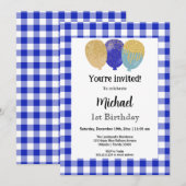 Invitation En vichy bleu, Ballons de fête 1er anniversaire (Devant / Derrière)