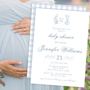 Invitation En vichy bleu classique bébé garçon douche invitat