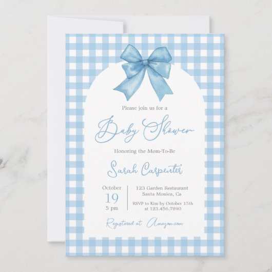 Invitation En vichy bleu et Baby shower de cou (Devant)