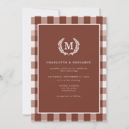 Invitation En vichy Brown Monogramme Crest (Devant)