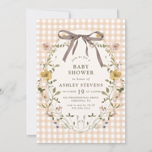 Invitation En vichy Chaud Chute Baby shower floral neutre (Devant)