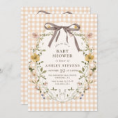 Invitation En vichy Chaud Chute Baby shower floral neutre (Devant / Derrière)