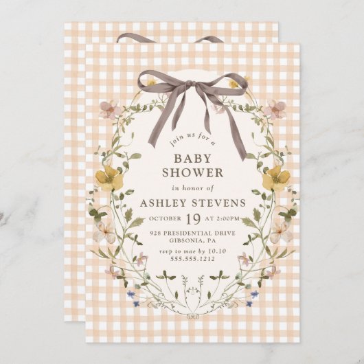 Invitation En vichy Chaud Chute Baby shower floral neutre (Devant / Derrière)