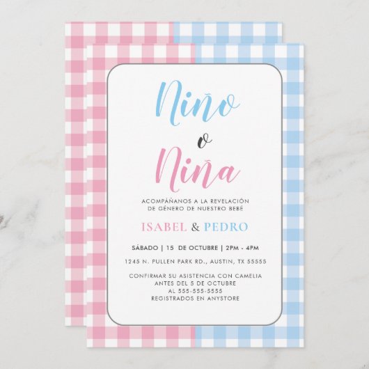 Invitation en vichy Classic Nino o Nina Spanish Gender Revela (Devant / Derrière)