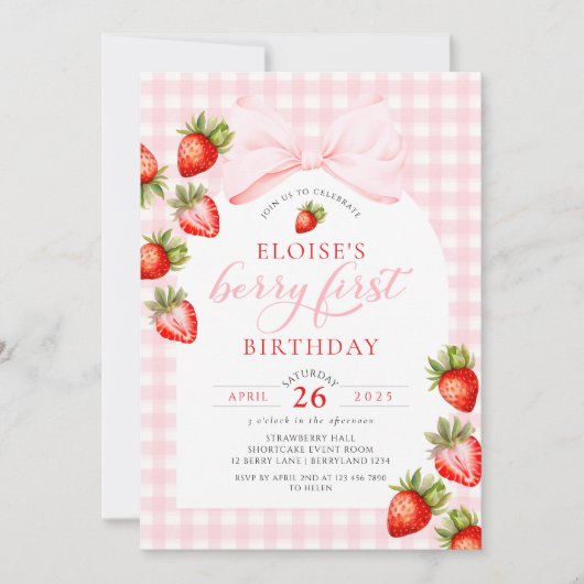 Invitation en vichy Coquette fraise Premier anniversaire (Devant)