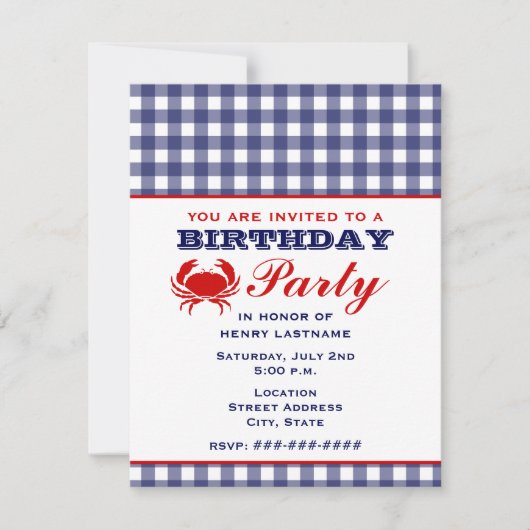 Invitation En vichy et crabe bleus de fête d'anniversaire (Devant)