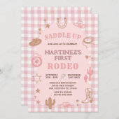 Invitation en vichy fille rose Mon premier rodéo fille fille (Devant / Derrière)
