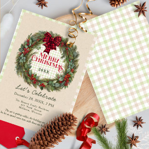 Invitation en vichy Green Red Wreath Farmhouse Noël