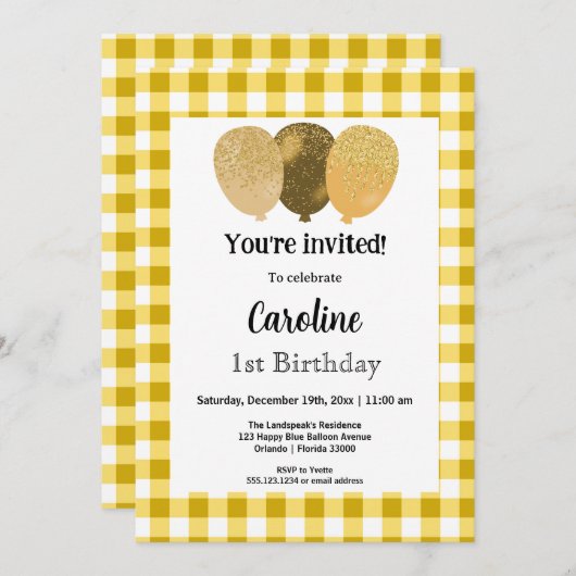 Invitation En vichy Jaune, Ballons de fête 1er anniversaire (Devant / Derrière)