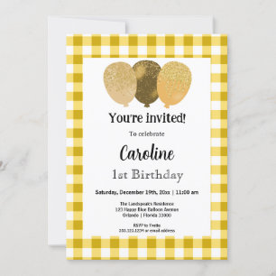 Invitation En vichy Jaune, Ballons de fête 1er anniversaire