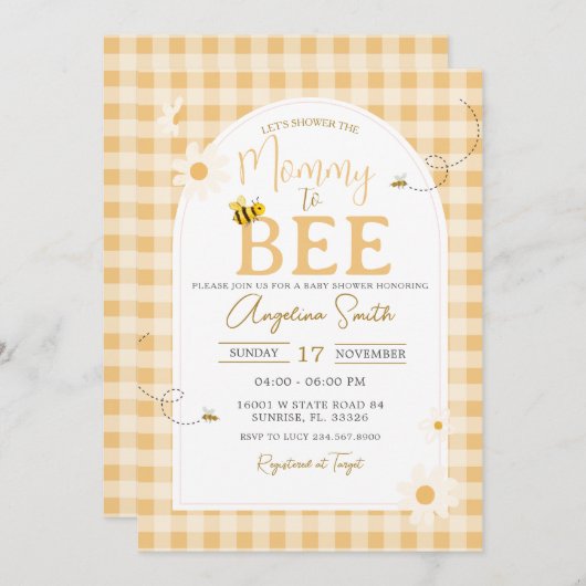 Invitation En vichy Jaune Daisy Bee Maman À Être Baby shower (Devant / Derrière)
