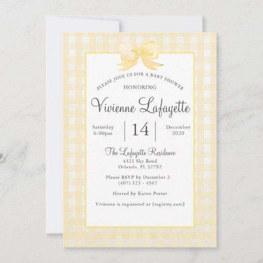 Invitation En vichy Jaune mignonne avec Baby shower Bow (Devant)