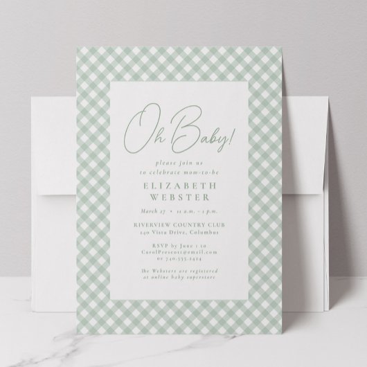 Invitation en vichy joli baby shower vert neutre