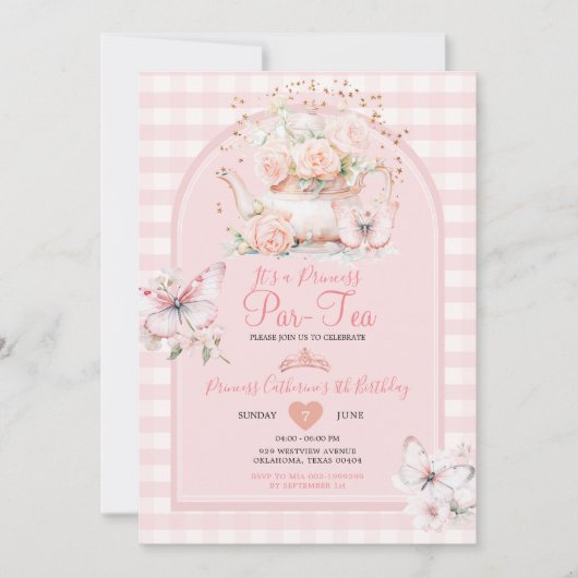 Invitation en vichy papillon rose ParTea Anniversaire (Devant)