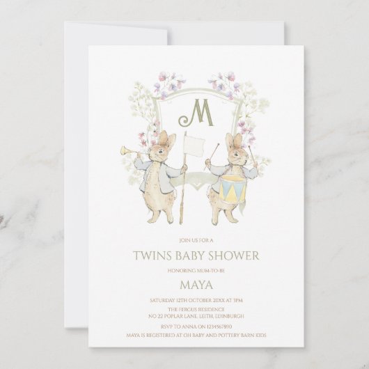 Invitation en vichy Peter le Baby shower lapin Crest Twins (Devant)