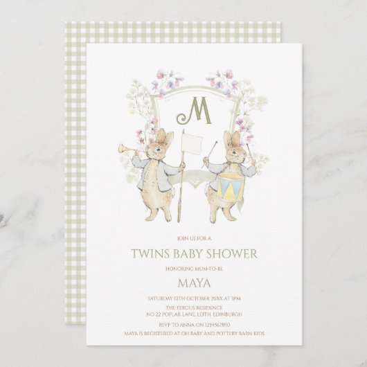 Invitation en vichy Peter le Baby shower lapin Crest Twins (Devant / Derrière)