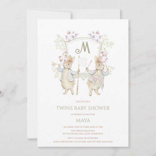 Invitation en vichy Peter le Baby shower lapin Crest Twins (Devant)